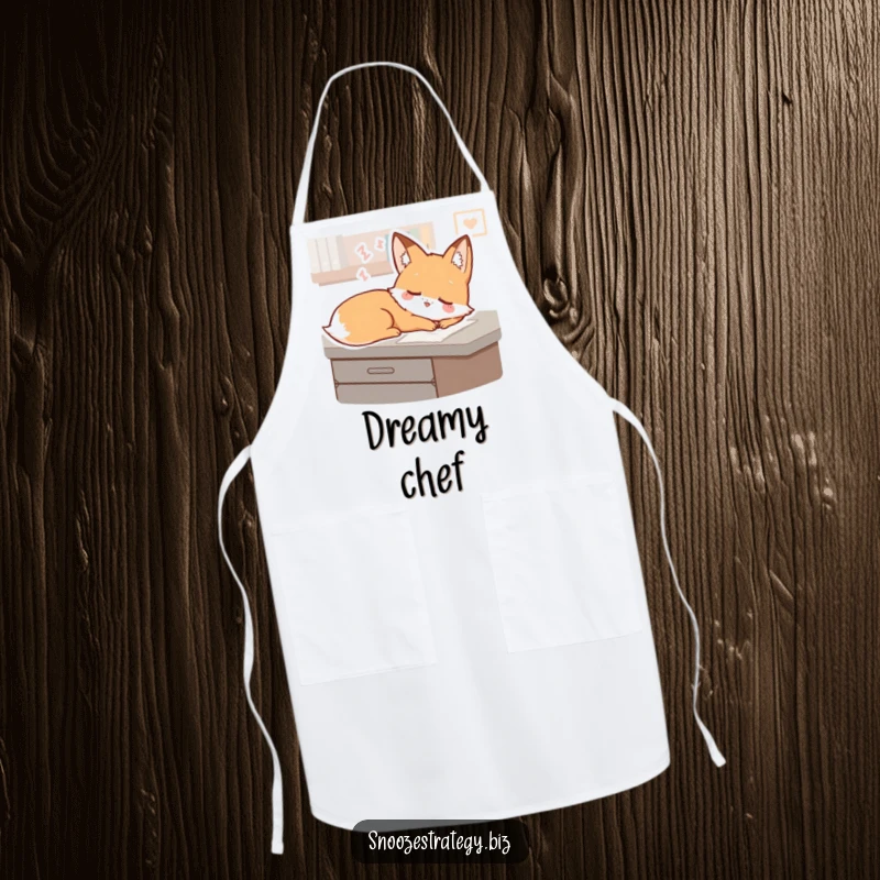 Funny Fox Desk Apron: A sleepy fox character dreams on a desk, making kitchen tasks calm, charming, and inspired.