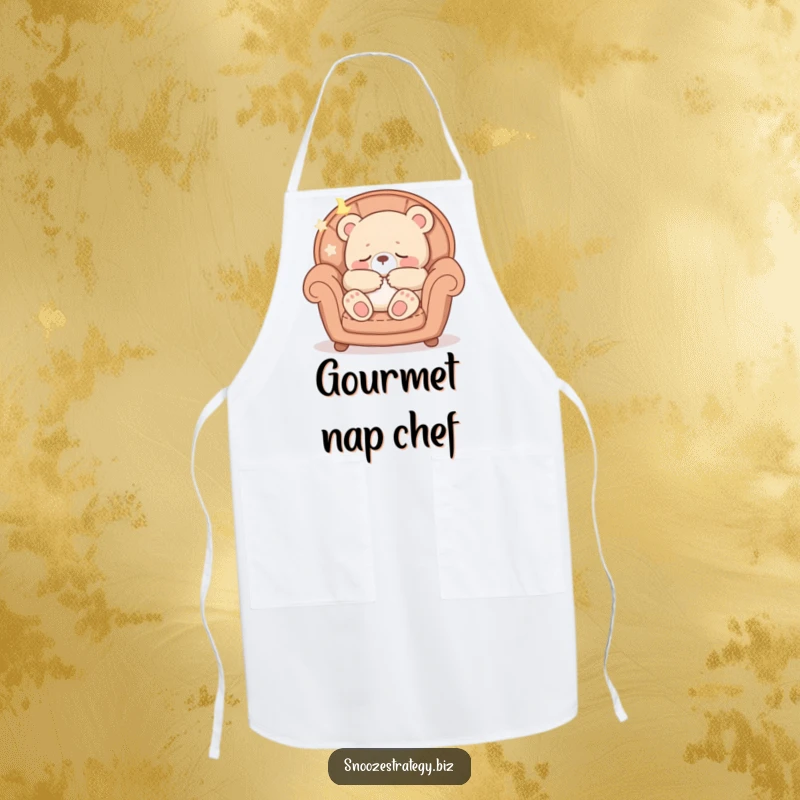 Funny apron showing a peaceful bear cub character sleeping soundly in a cozy armchair, adding humor to kitchen tasks.