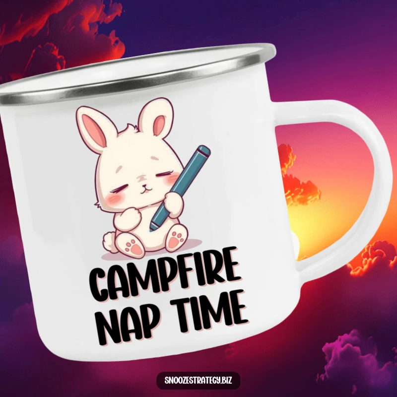 Funny tired rabbit camping mug, dozing off with a dangling pen, depicting tiredness and slow progress outdoors.