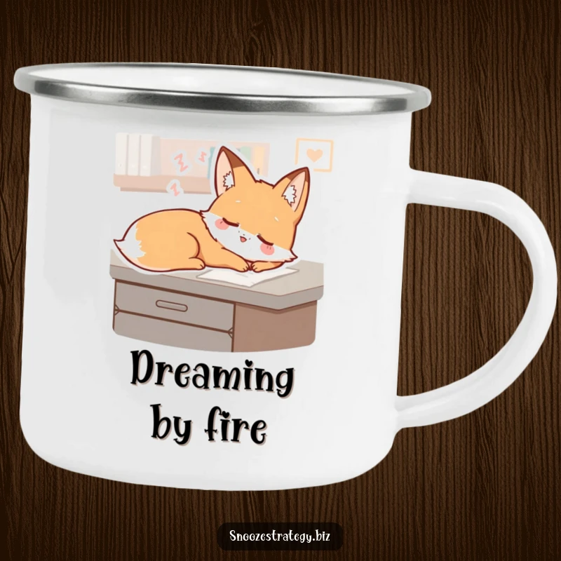 Funny Fox Desk Camping Mug: A sleepy fox character dreams on a desk, perfect for peaceful outdoor drinks with a gentle smile.