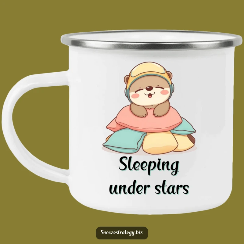 Funny Otter Sleep Camping Mug: Adorable Helmeted Character Enamel Cup