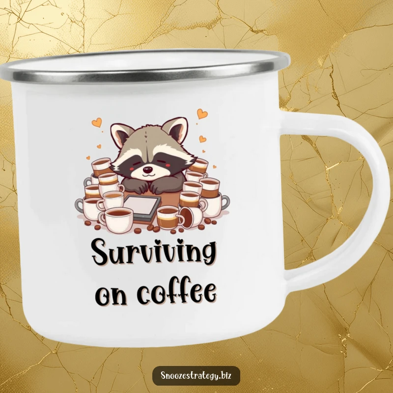 Funny raccoon camping mug, surrounded by coffee cups, depicting exhaustion and a love for caffeine outdoors.