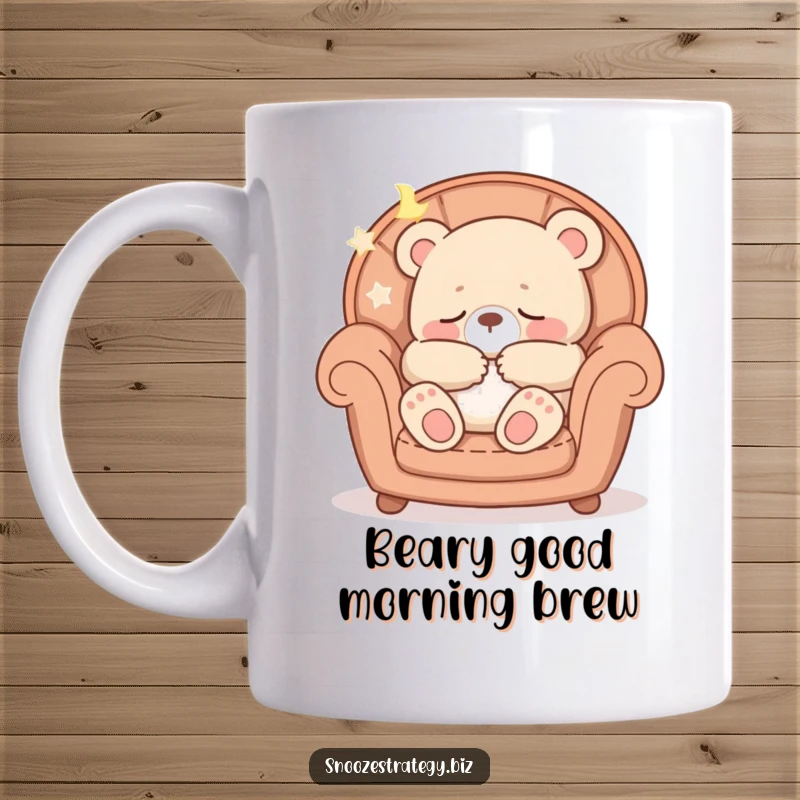 Funny mug showcasing a peaceful bear cub character curled up soundly in a comfy armchair, emitting soft snores.