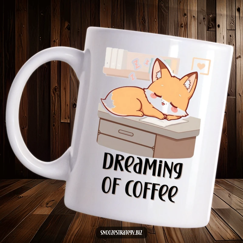 Funny Fox Desk Mug: A sleepy fox character sprawls on a desk, dreaming with a gentle smile, perfect for a relaxing drink.
