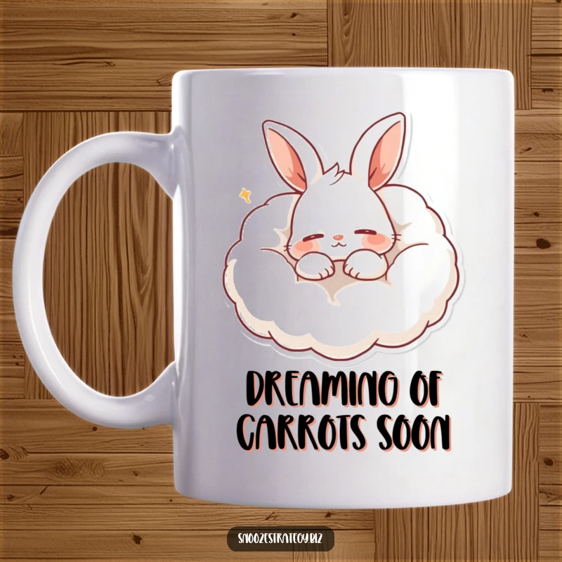Funny mug with a content rabbit character snoring softly, nestled deeply in a fluffy, cloud-like pillow, eyes closed in peaceful slumber.