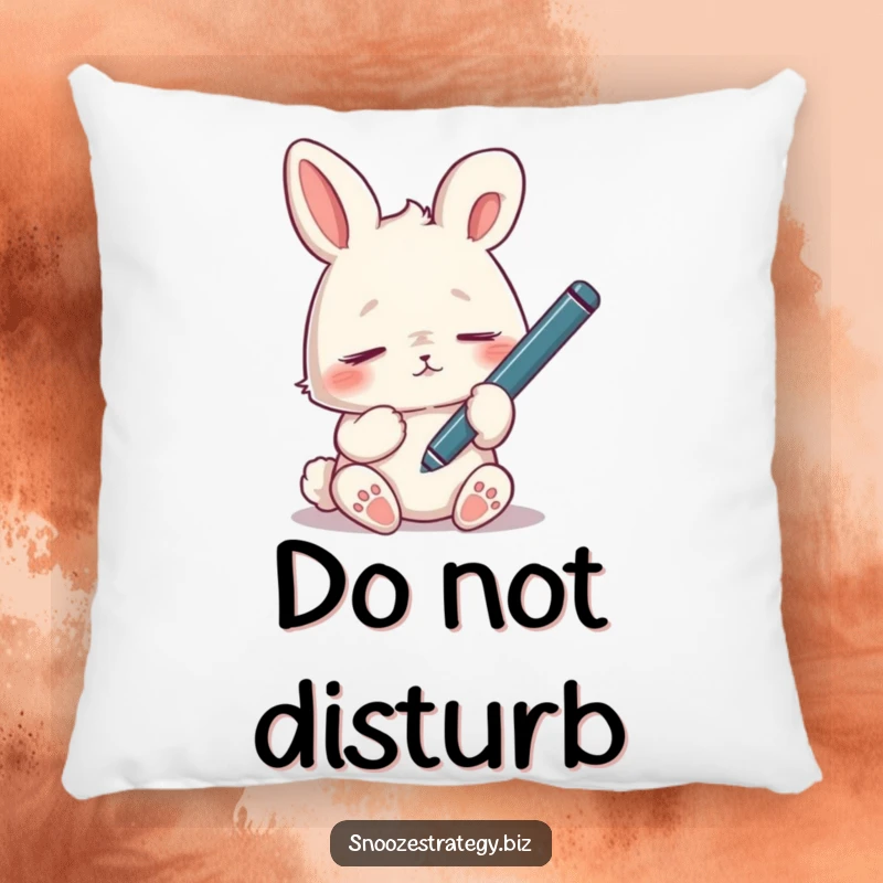 Funny tired rabbit pillow, dozing off with a dangling pen, a soft and humorous representation of tiredness.