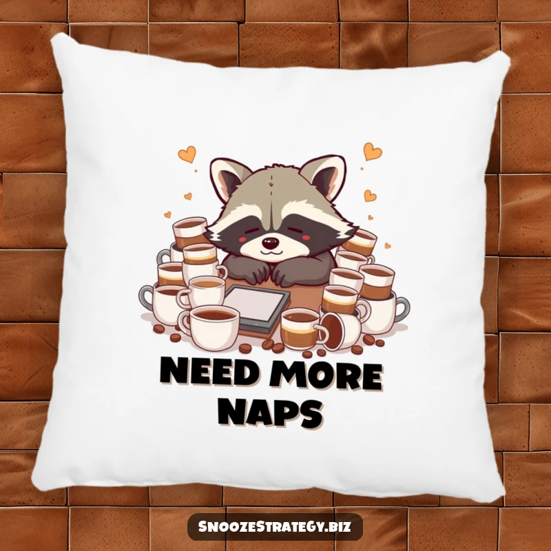 Funny raccoon pillow, slumped over a desk with many coffee cups, a soft and humorous representation of tiredness.
