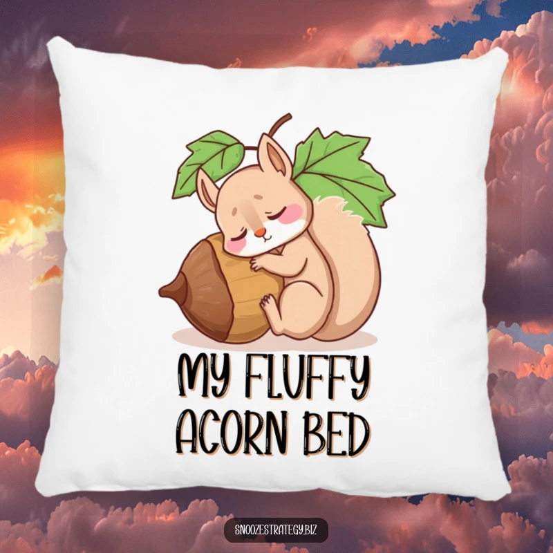 Funny pillow designed with a drowsy squirrel character fast asleep, leaning against a giant acorn, offering ultimate comfort.