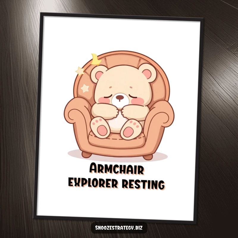 Funny digital art print of a peaceful bear cub character fast asleep in a cozy armchair, emitting soft snores.