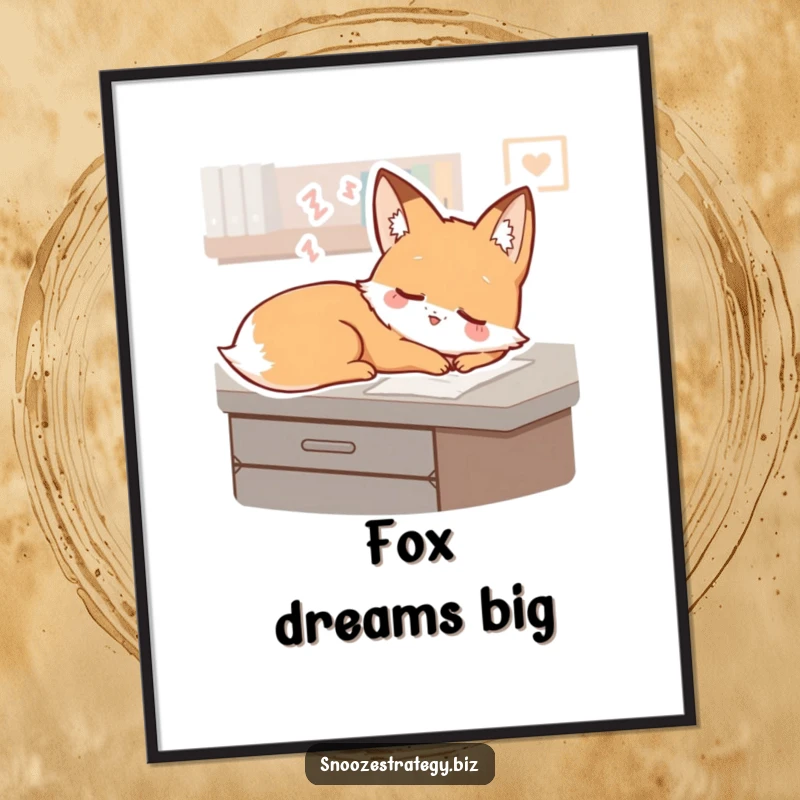 Funny Fox Desk Digital Art Print: A sleepy fox character dreams with a gentle smile on a desk, bringing instant serene decor.