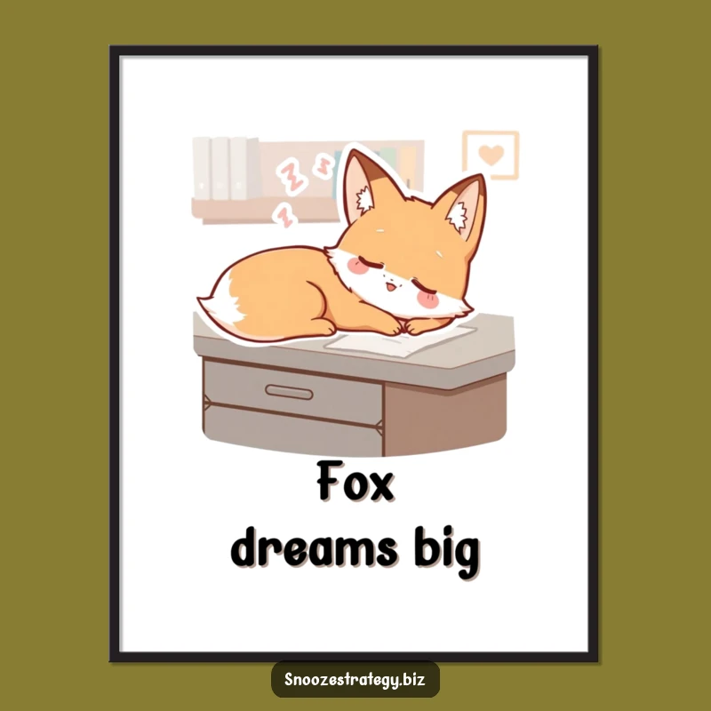 Funny Fox Desk Digital Art Print: Sleepy Dreamer Character Decor