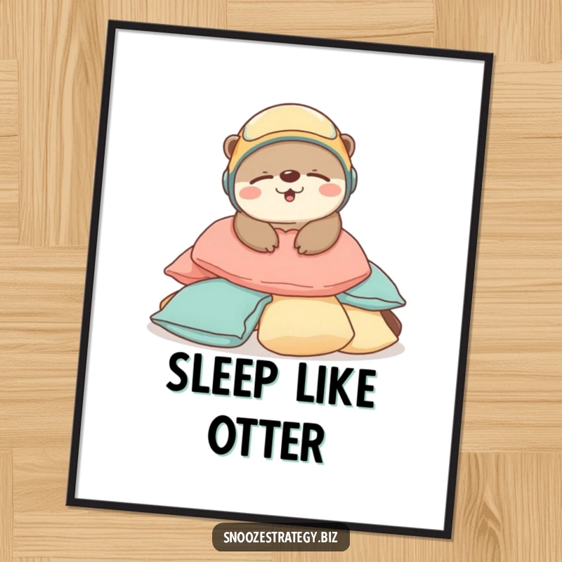 Funny Otter Sleep Digital Art Print: An adorable otter in a tiny helmet sleeps peacefully on cushions, bringing instant serene decor.