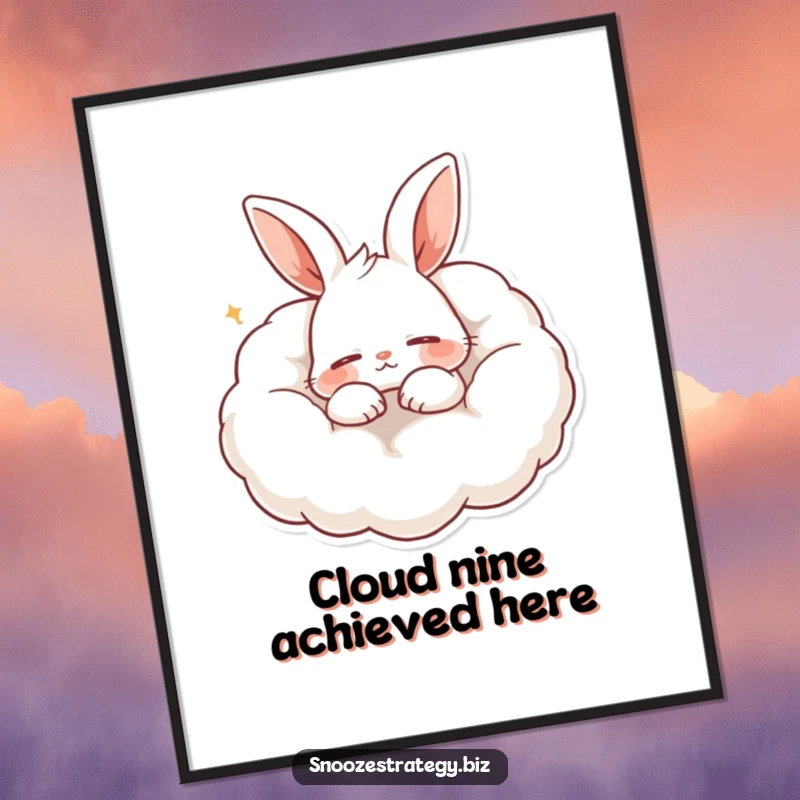 Funny digital art print of a content rabbit character snoring soundly, nestled on a soft, cloud-like pillow, capturing peaceful sleep.