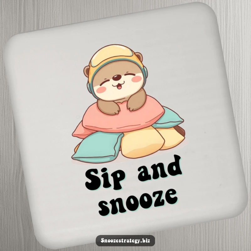 Funny Otter Sleep Coaster: An adorable otter wearing a tiny helmet sleeps soundly on cushions, protecting surfaces with cute peace.