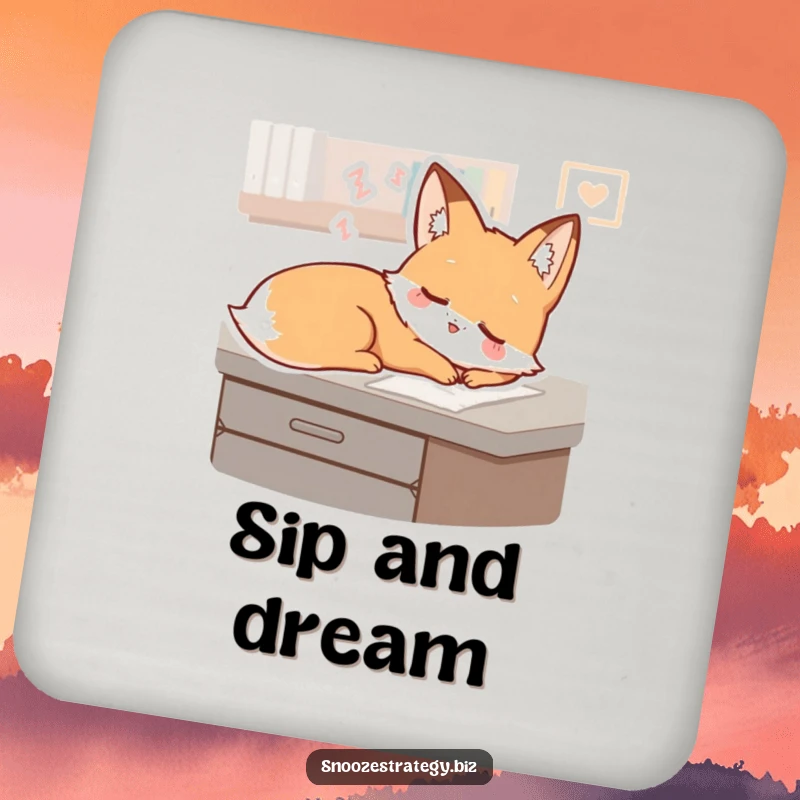 Funny Fox Desk Coaster: A sleepy fox character dreams on a desk, protecting surfaces with gentle charm and peaceful vibes.