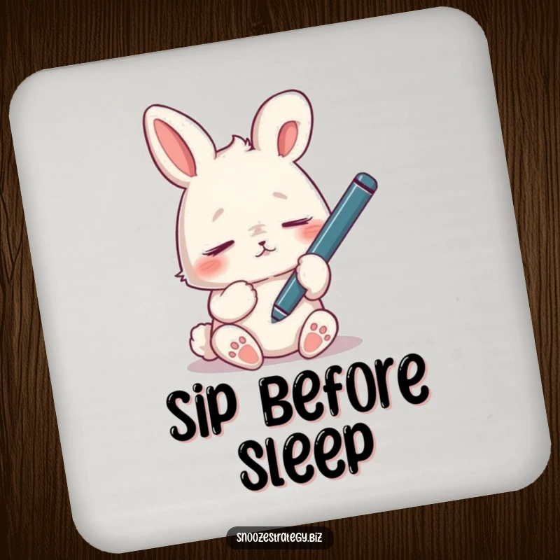 Funny tired rabbit drink coaster, dozing off with a dangling pen, a humorous protector for surfaces.