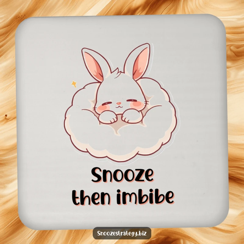 Funny drink coaster with a content rabbit character snoring peacefully on a cloud-like pillow, adding humorous protection to surfaces.