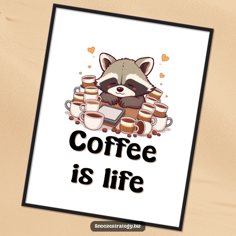Funny raccoon poster, slumped over a desk amidst overflowing coffee cups, depicting humorous exhaustion and reliance on caffeine.