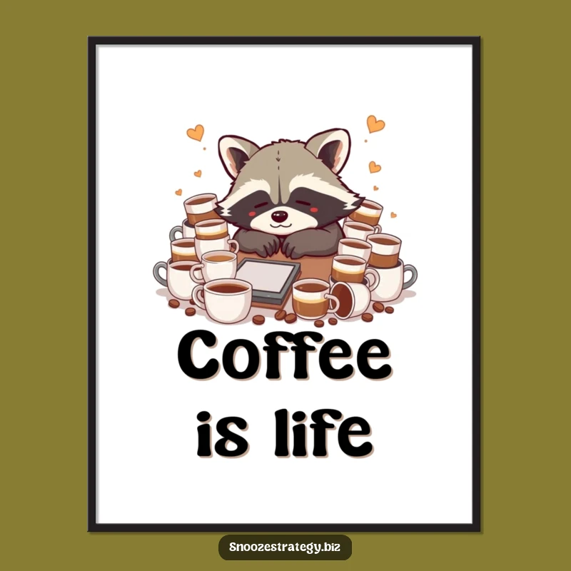 Funny Raccoon Desk Chaos Poster: Caffeine Addict Art