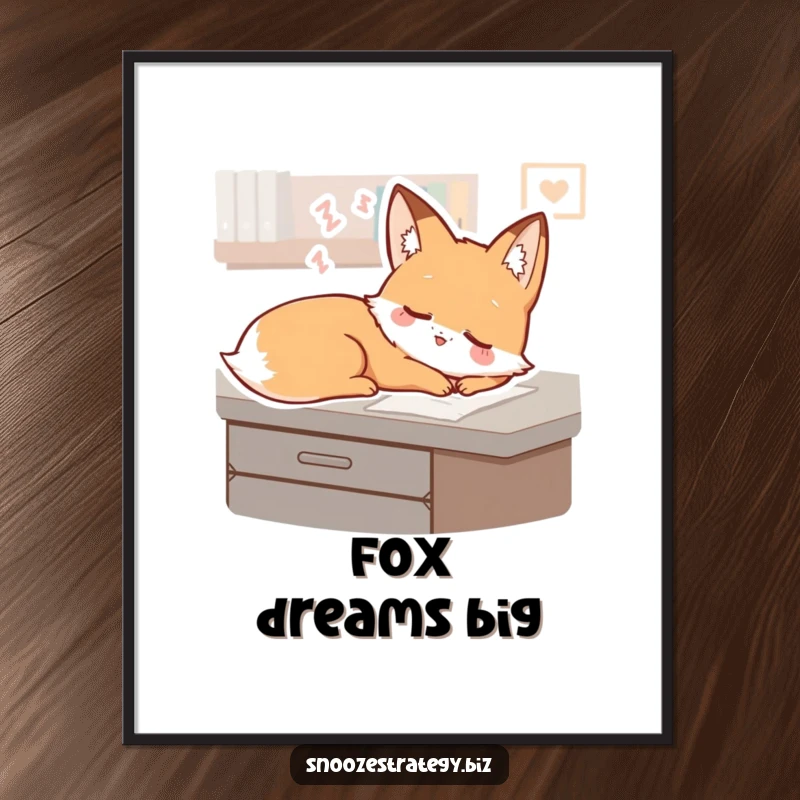 Funny Fox Desk Poster: A sleepy fox character dreams with a gentle smile on a desk, bringing calm and inspiration to decor.