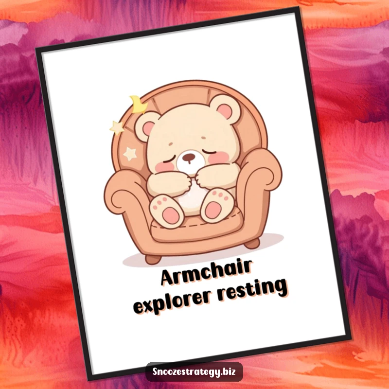 Funny poster depicting a peaceful bear cub character curled up in a cozy armchair, fast asleep and snoring softly.