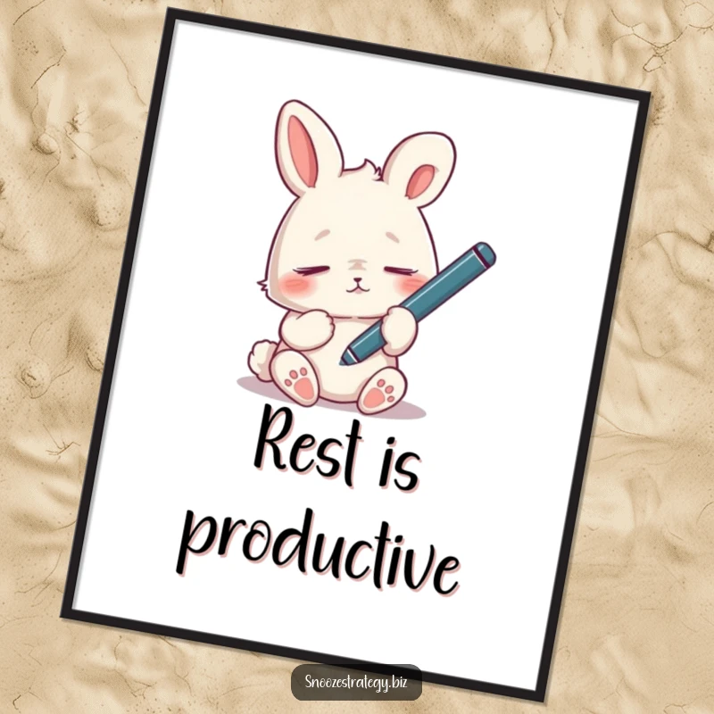 Funny tired rabbit poster, dozing off with a dangling pen, humorously illustrating exhaustion and a lack of focus.
