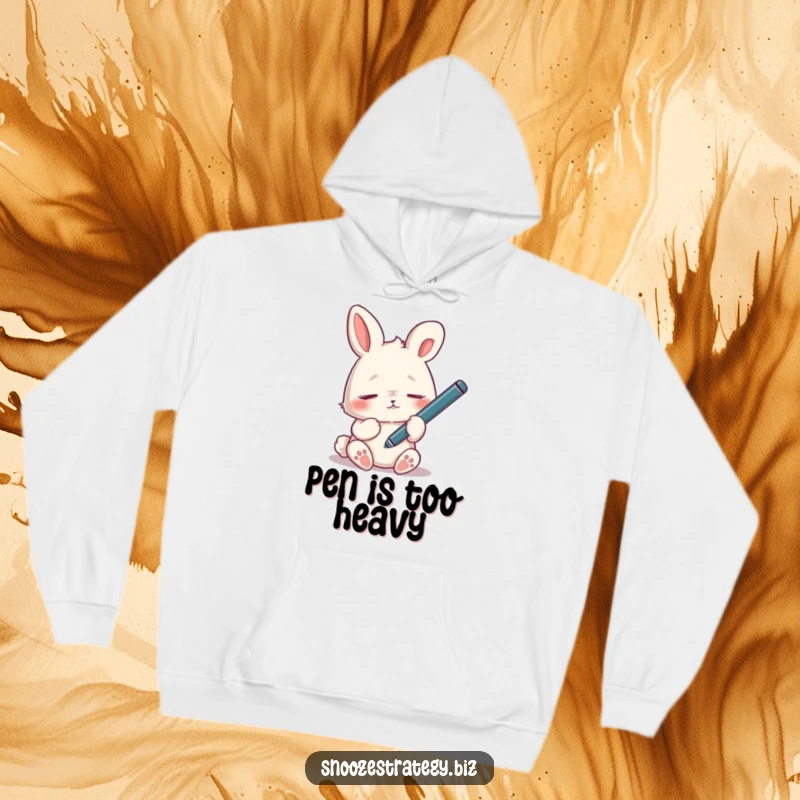 Funny tired rabbit hoodie, dozing off with a dangling pen, illustrating a humorous need for sleep and rest.