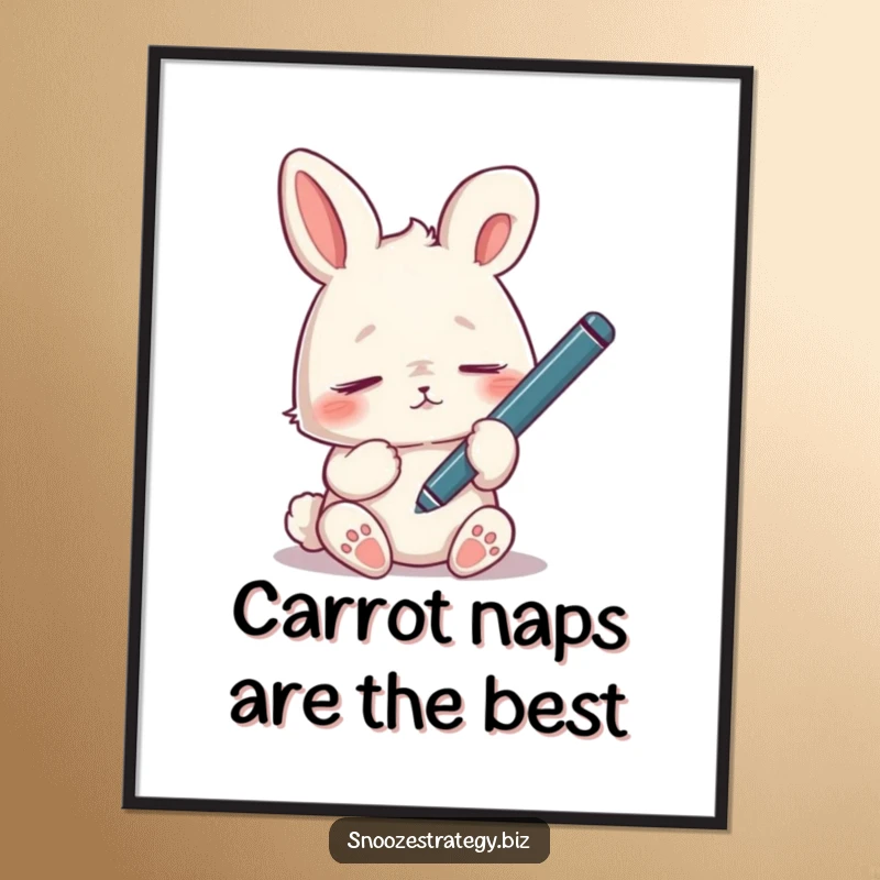 Funny Free Printable Wall Art: A tired rabbit character asleep with a pen dangling, creating a peaceful and humorous scene.