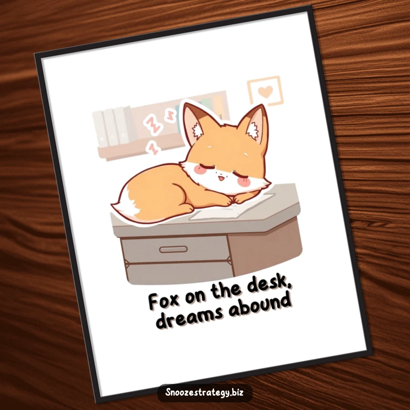 Funny Free Printable Fox Wall Art: A sleepy fox character sprawled on a desk, dreaming.