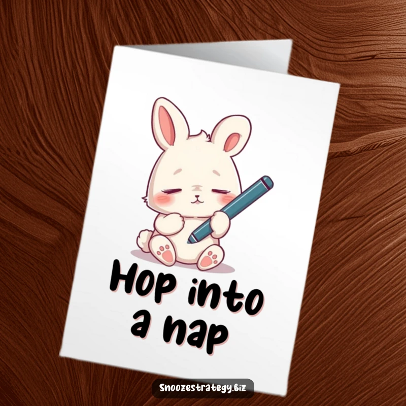 Funny Free Printable Birthday Card: A tired rabbit dozing off, pen dangling, perfect for someone needing a birthday nap.