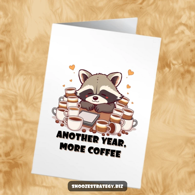Funny Free Printable Birthday Card: A cute raccoon slumped over a desk, drowned in coffee cups, needing a birthday boost.
