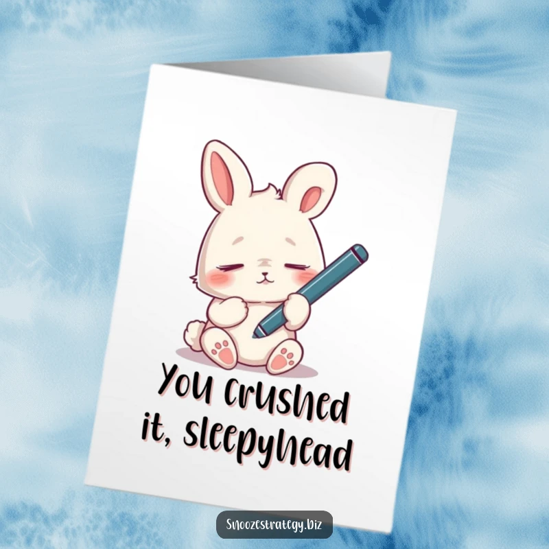 Funny Free Printable Congrats Card: A rabbit nodding off while holding a pen, signifying the end of a major task.