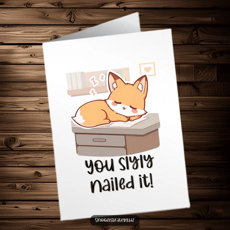Funny Free Printable Fox Congratulations Card: A sleepy fox dreaming on a desk after achievement.