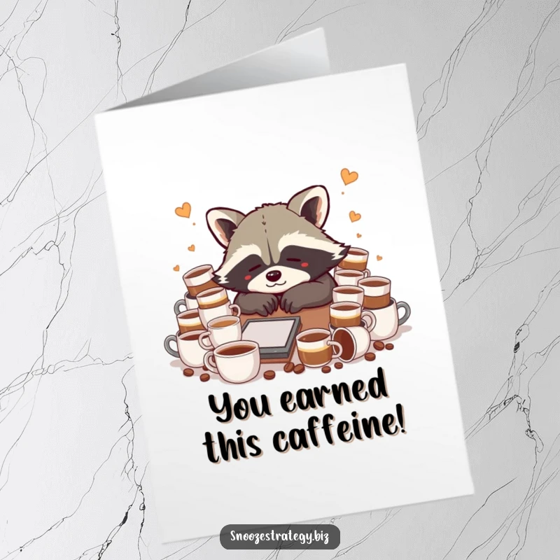 Funny Free Printable Congrats Card: A raccoon surrounded by coffee cups, looking wired but ready to celebrate their win.