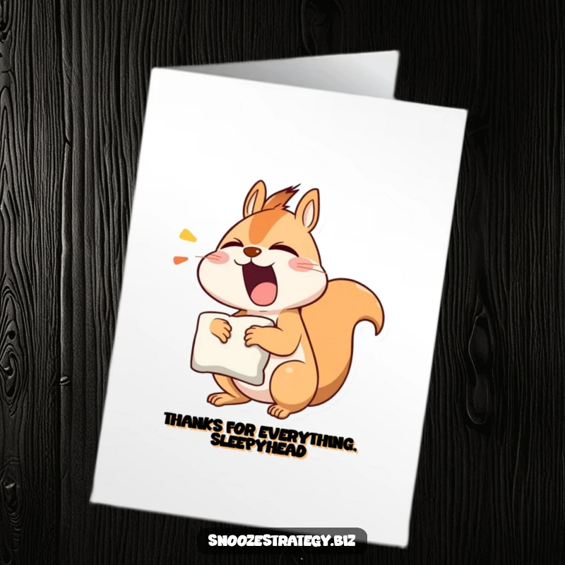 Funny Free Printable Thank You Card: A yawning squirrel with a pillow expresses thanks in a uniquely sleepy way.