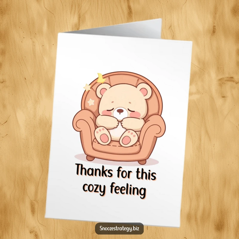 Funny Free Printable Thank You Card: A bear cub snoozes in a cozy armchair, emitting soft snores, expressing thanks.