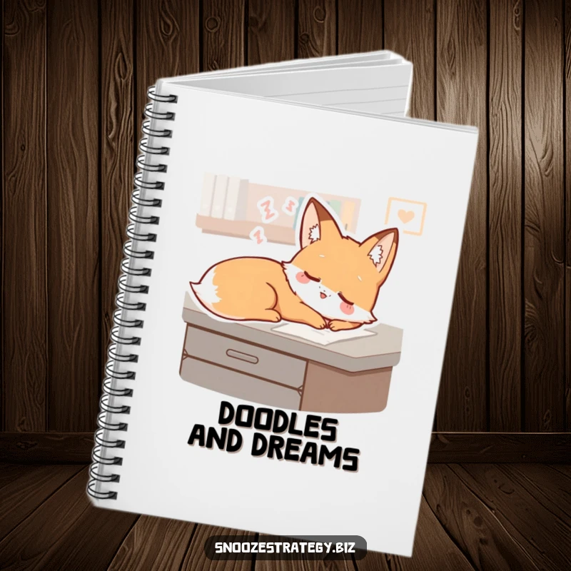 Funny Fox Desk Notebook: A sleepy fox character dreams gently on a desk, ideal for jotting down peaceful thoughts and ideas.
