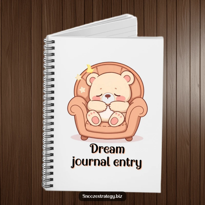 Funny notebook cover with a peaceful bear cub character asleep in a cozy armchair, inspiring creative and cozy thoughts.