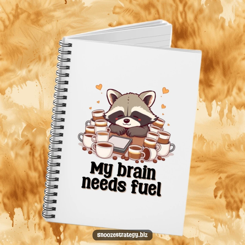 Funny raccoon notebook, slumped over a desk with coffee cups, perfect for jotting down tired thoughts humorously.