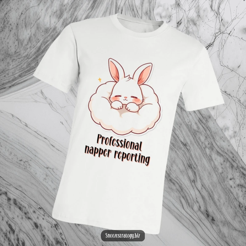 Funny t-shirt featuring a content rabbit character blissfully snoring on a soft, cloud-like pillow, capturing the essence of deep sleep.