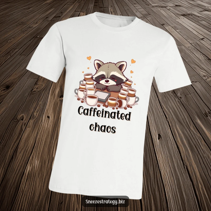 Funny raccoon t-shirt, slumped over a desk with many coffee cups, illustrating exhaustion and a need for caffeine.