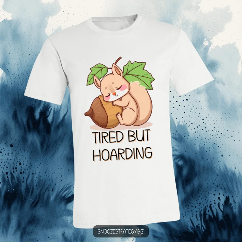 Funny t-shirt with a drowsy squirrel character deeply asleep, leaning against an enormous acorn, showcasing peak napping form.