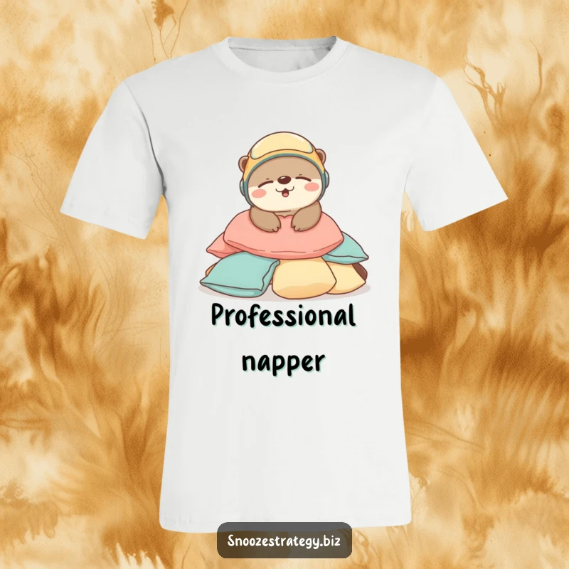 Funny Otter Sleep T-Shirt: An adorable otter in a tiny helmet sleeps soundly on cushions, perfect for relaxation enthusiasts.