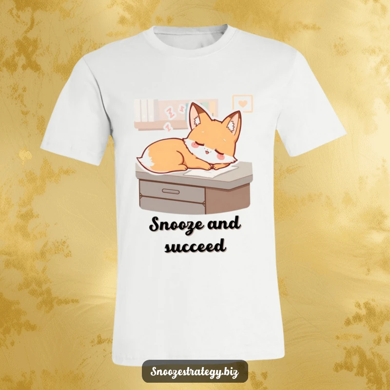 Funny Fox Desk T-Shirt: A sleepy fox character dreams peacefully on a desk, offering comfortable and humorous style.