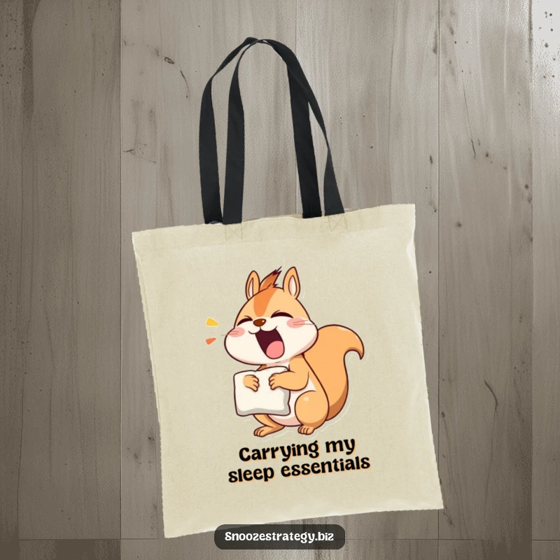 Funny squirrel tote bag depicting a yawn-prone character with a pillow, great for shopping and daily errands.