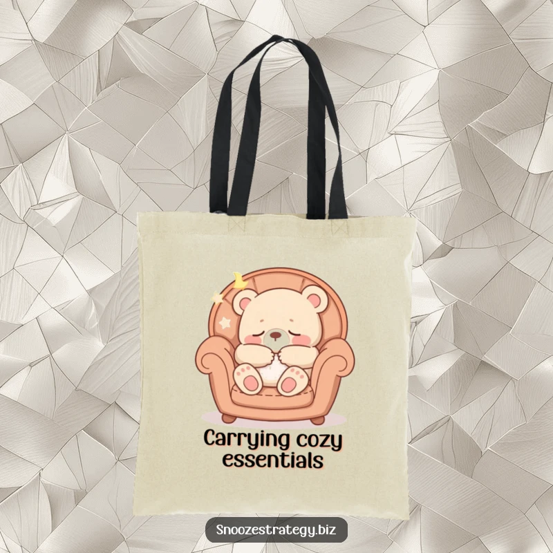 Funny tote bag with a peaceful bear cub character sleeping in a cozy armchair, symbolizing comfort and relaxation.