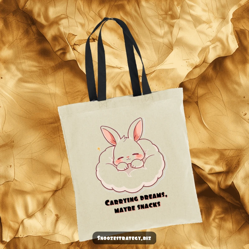 Funny tote bag with a content rabbit character dreaming while snoring softly on a cloud-like pillow, symbolizing peaceful rest.